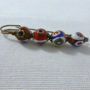 Venetian Millefiori Murano Glass Beads on Large Safety Pin Sweater Scarf Pin